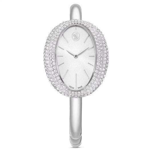 Silver watch with crystal bezel on a white background