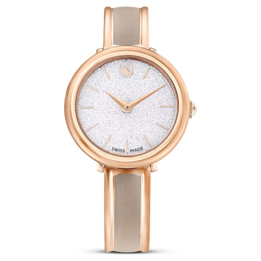 Wristwatch with rose gold case and silver band on a white background