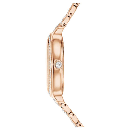 Rose gold watch with diamond accents on a white background