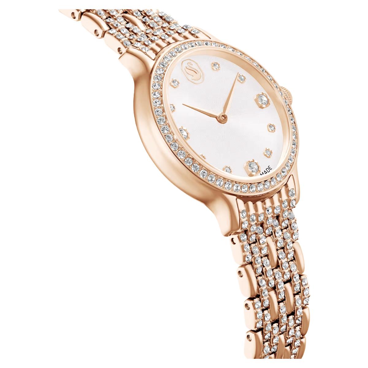 Gold wristwatch with diamond accents on a white background