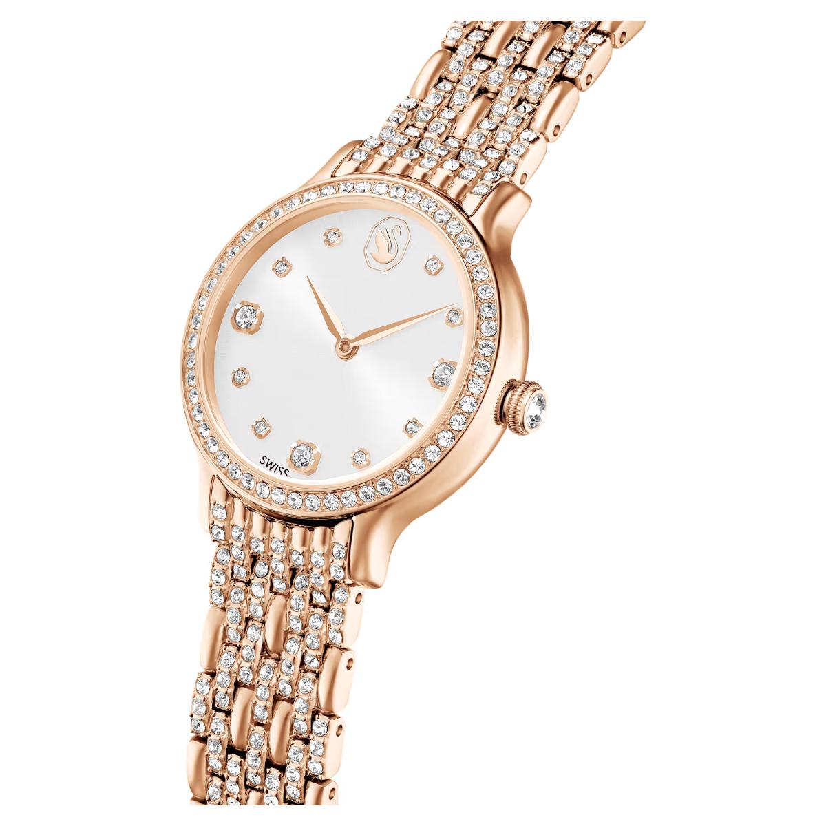 Rose gold watch with diamond accents on a white background
