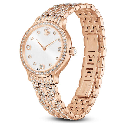 Rose gold watch with diamond-studded bracelet on a white background