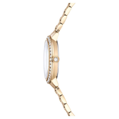 Gold watch with a white face on a white background