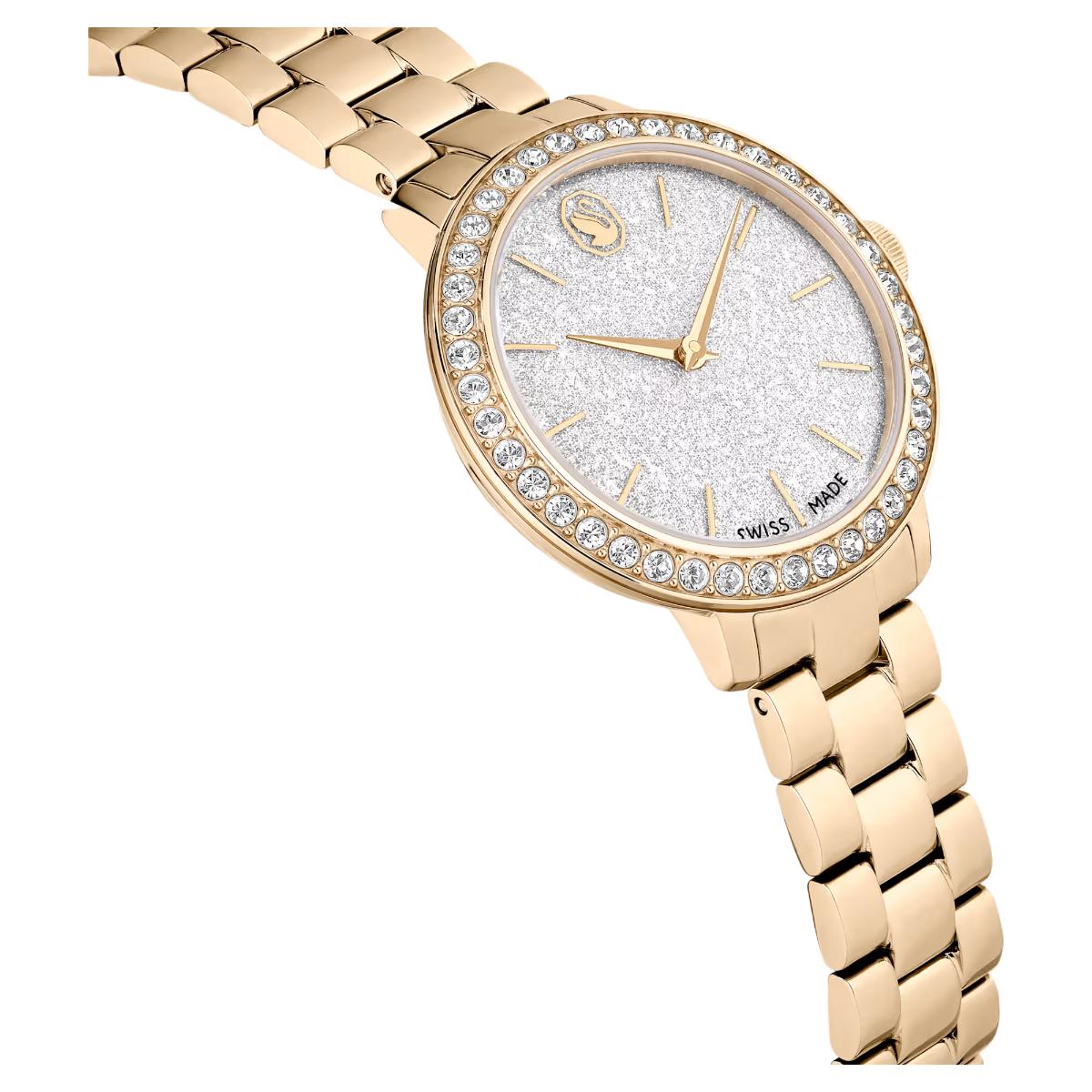 Gold watch with a diamond-studded face on a white background