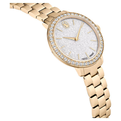 Gold watch with a diamond-studded face on a white background