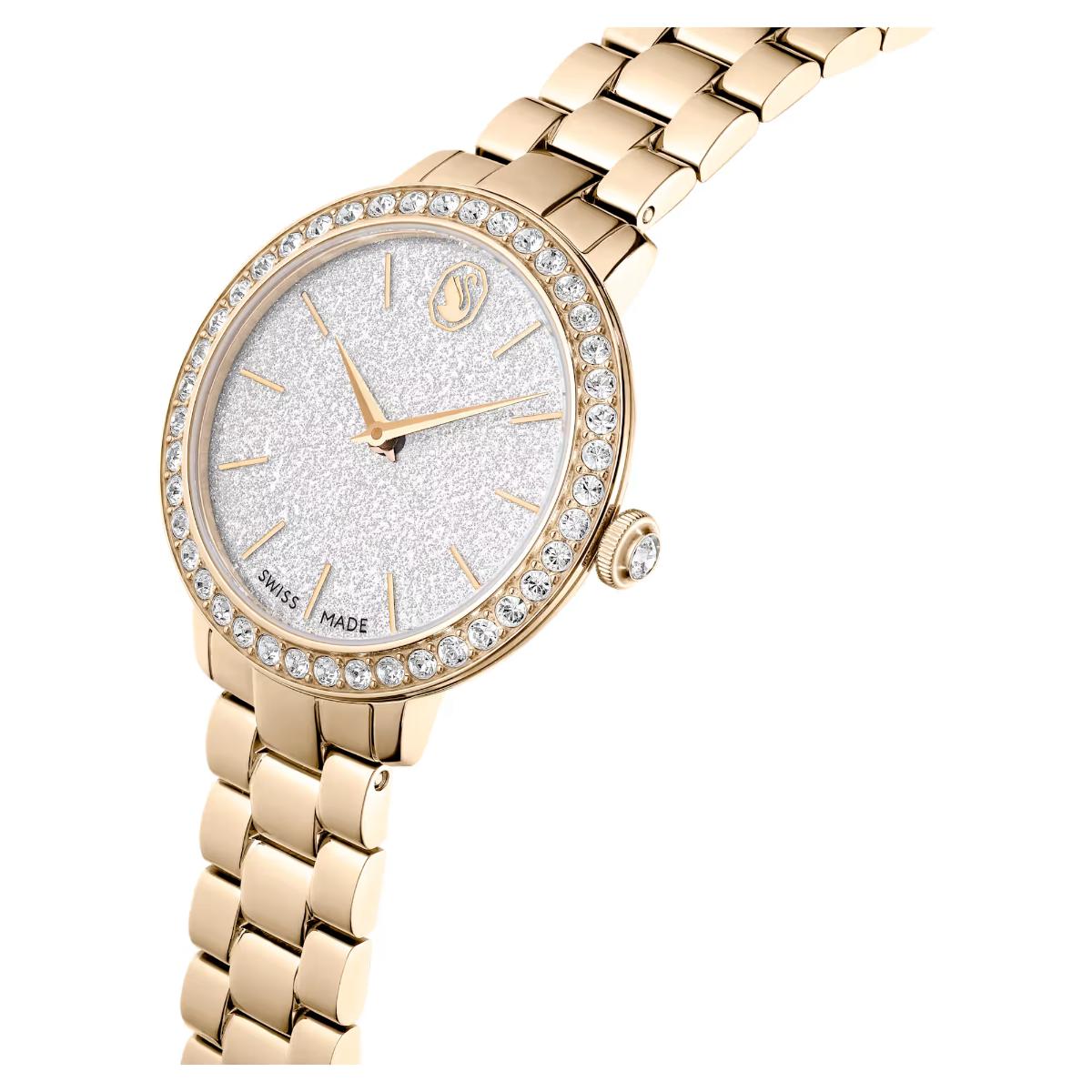 Gold wristwatch with diamond-studded bezel on a white background
