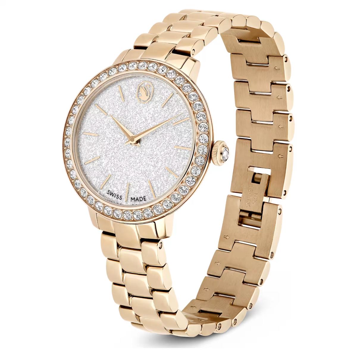 Gold wristwatch with diamond-studded face on a white background
