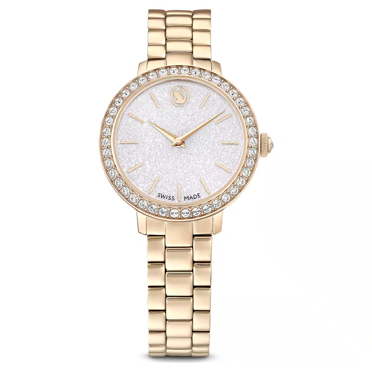 Gold watch with a white face and diamond-studded bezel on a white background