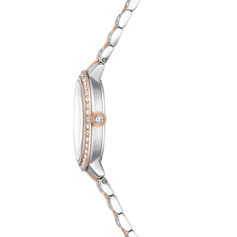Silver and rose gold watch with diamond accents on a white background