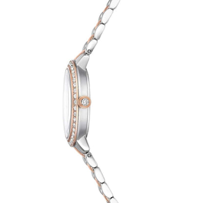 Silver and rose gold watch with diamond accents on a white background