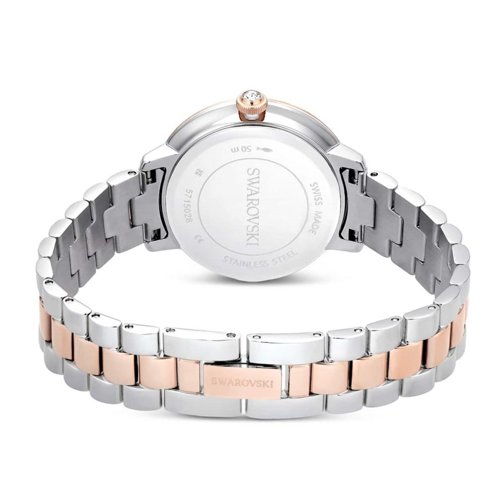 Swarovski watch with two-tone rose gold and silver bracelet on a white background