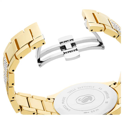 Gold and silver watch band with brand logo on a white background