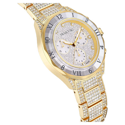 Luxury Swarovski watch with gold and silver design on a white background