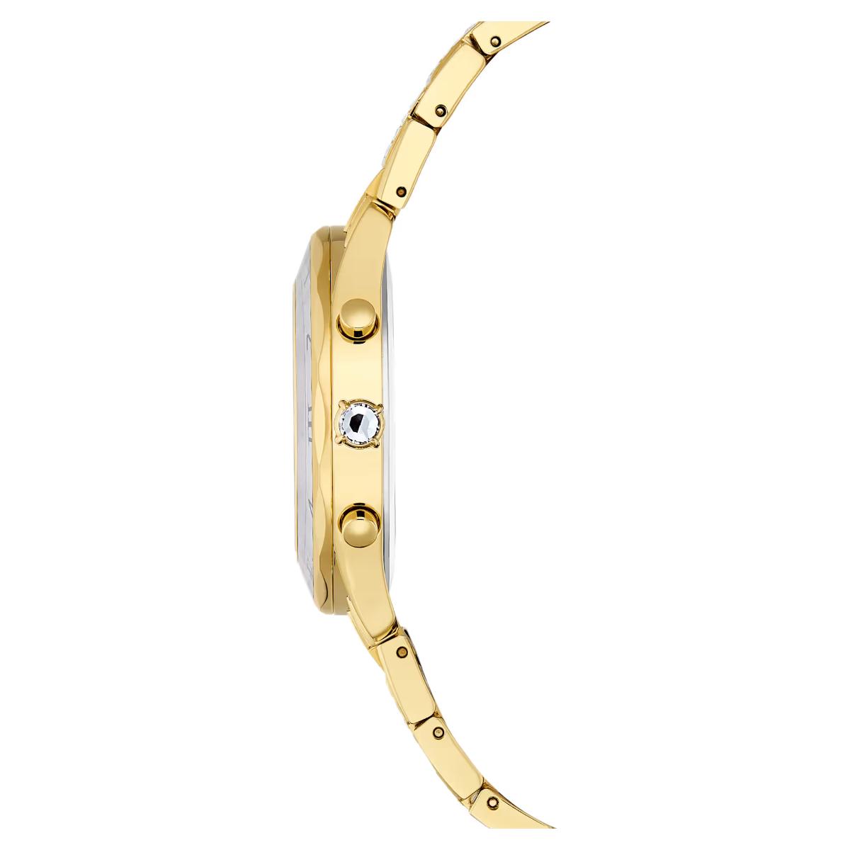 Gold watch with a white face on a white background