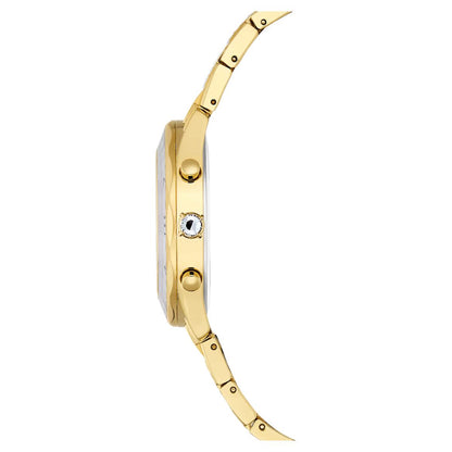 Gold watch with a white face on a white background