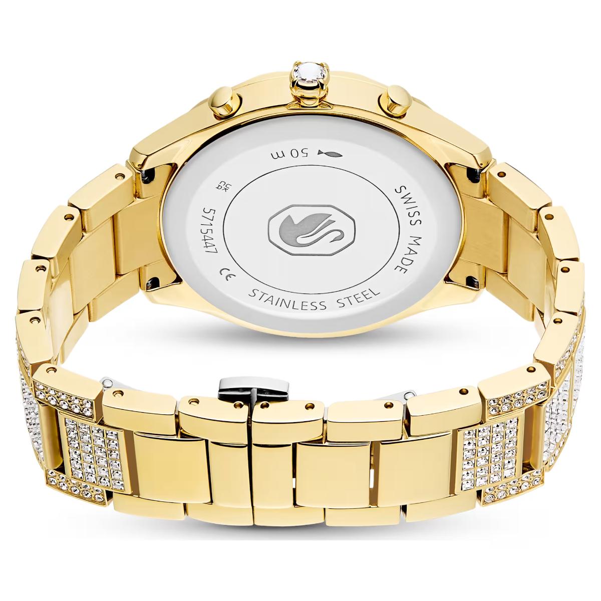 Gold watch with diamond-studded band on a white background