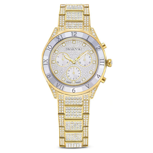 Gold Swarovski watch with diamond-studded band on a white background
