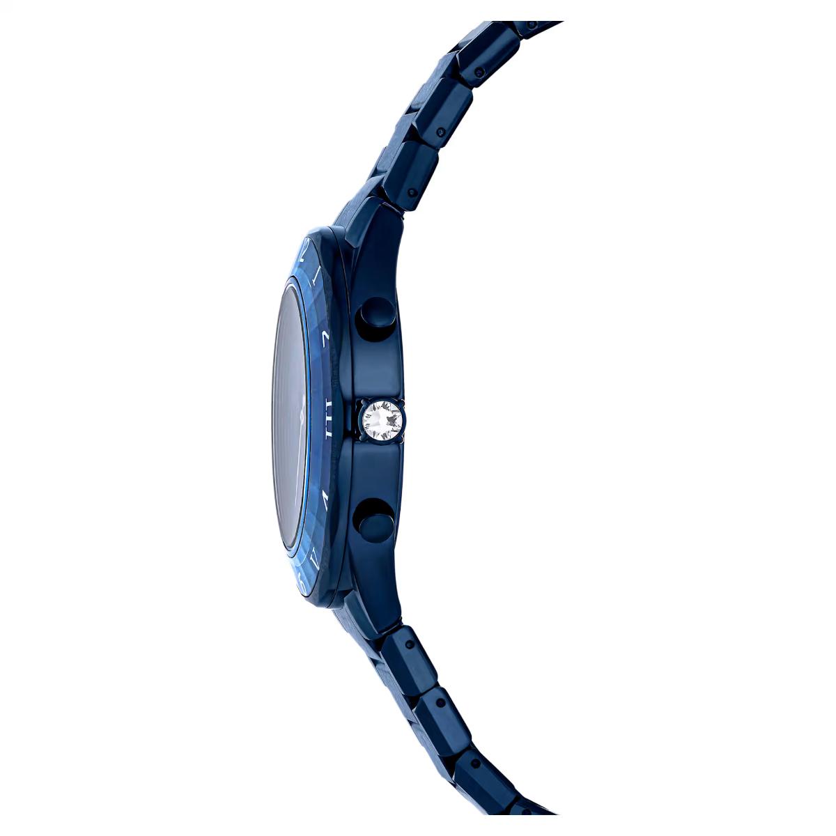 Blue watch with a close-up of the case and bracelet on a white background
