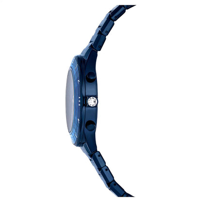 Blue watch with a close-up of the case and bracelet on a white background