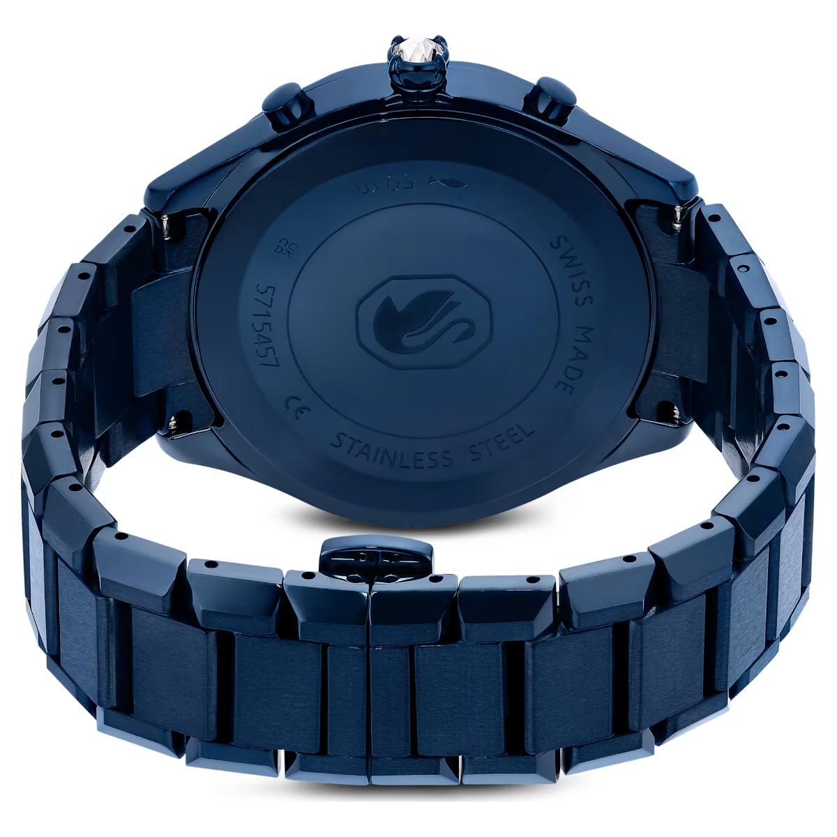 Blue watch with a metallic band on a white background