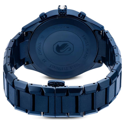 Blue watch with a metallic band on a white background