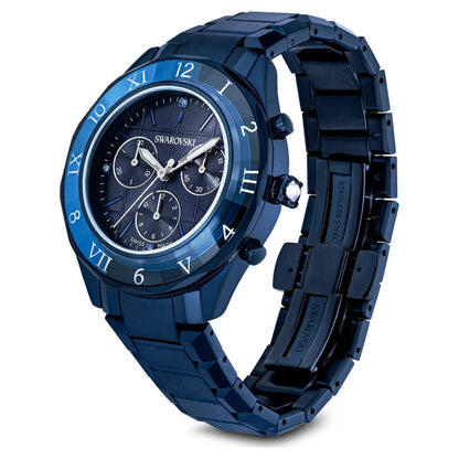 Blue Swarovski watch with detailed face and bracelet on a white background