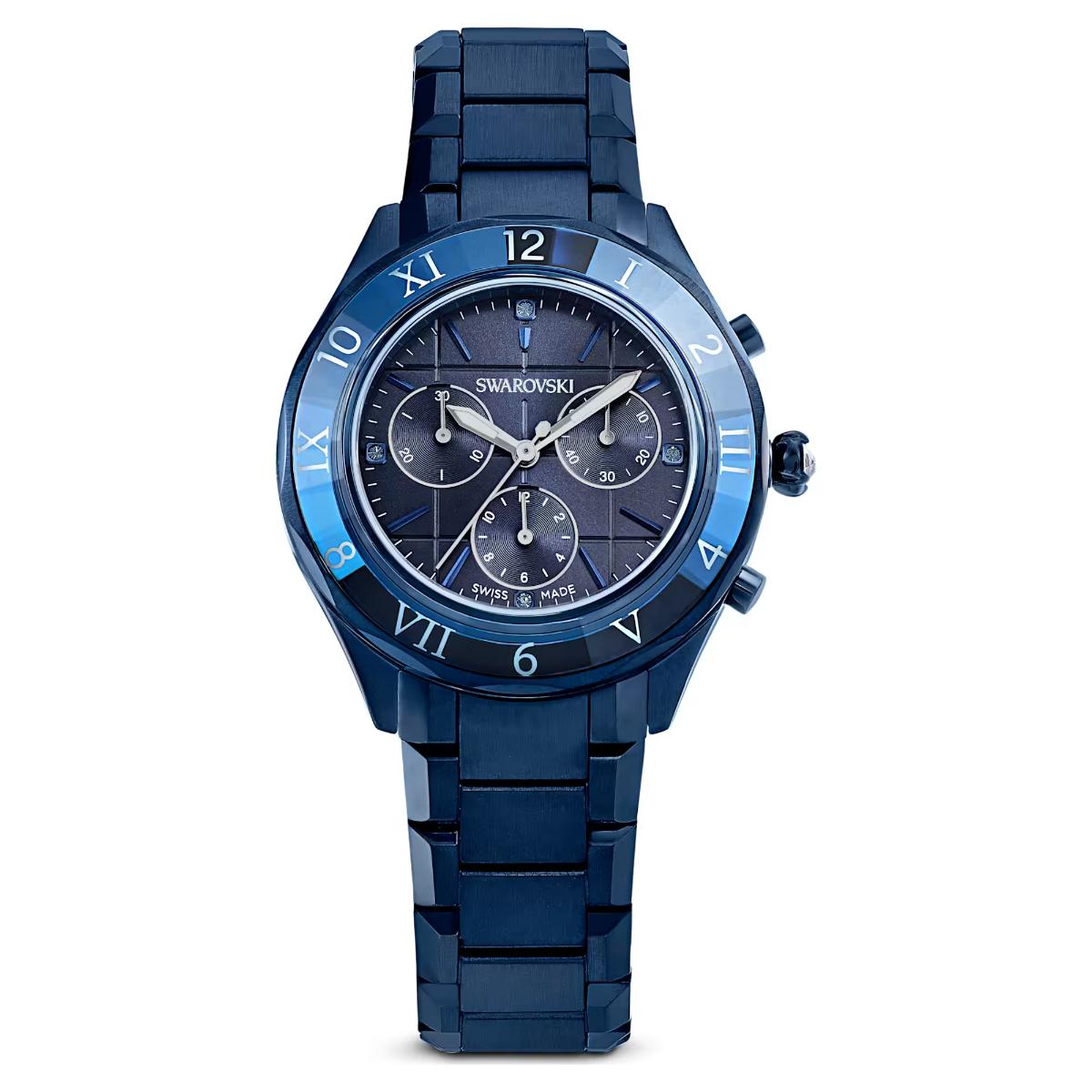 Blue Swarovski watch on a white background