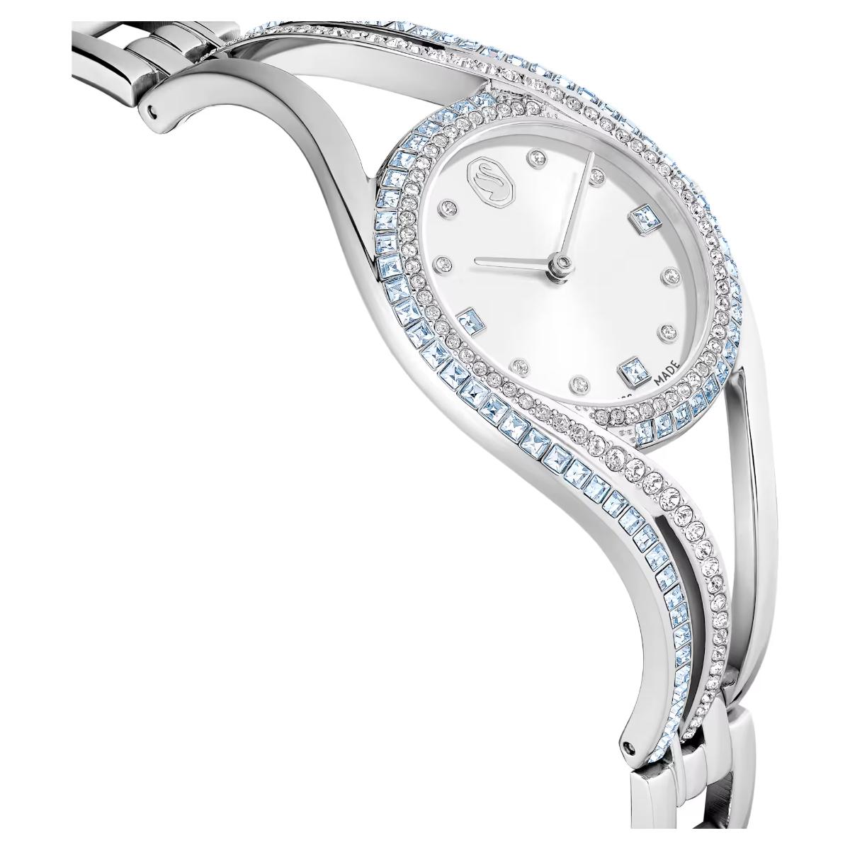 Silver watch with gemstone accents on a white background