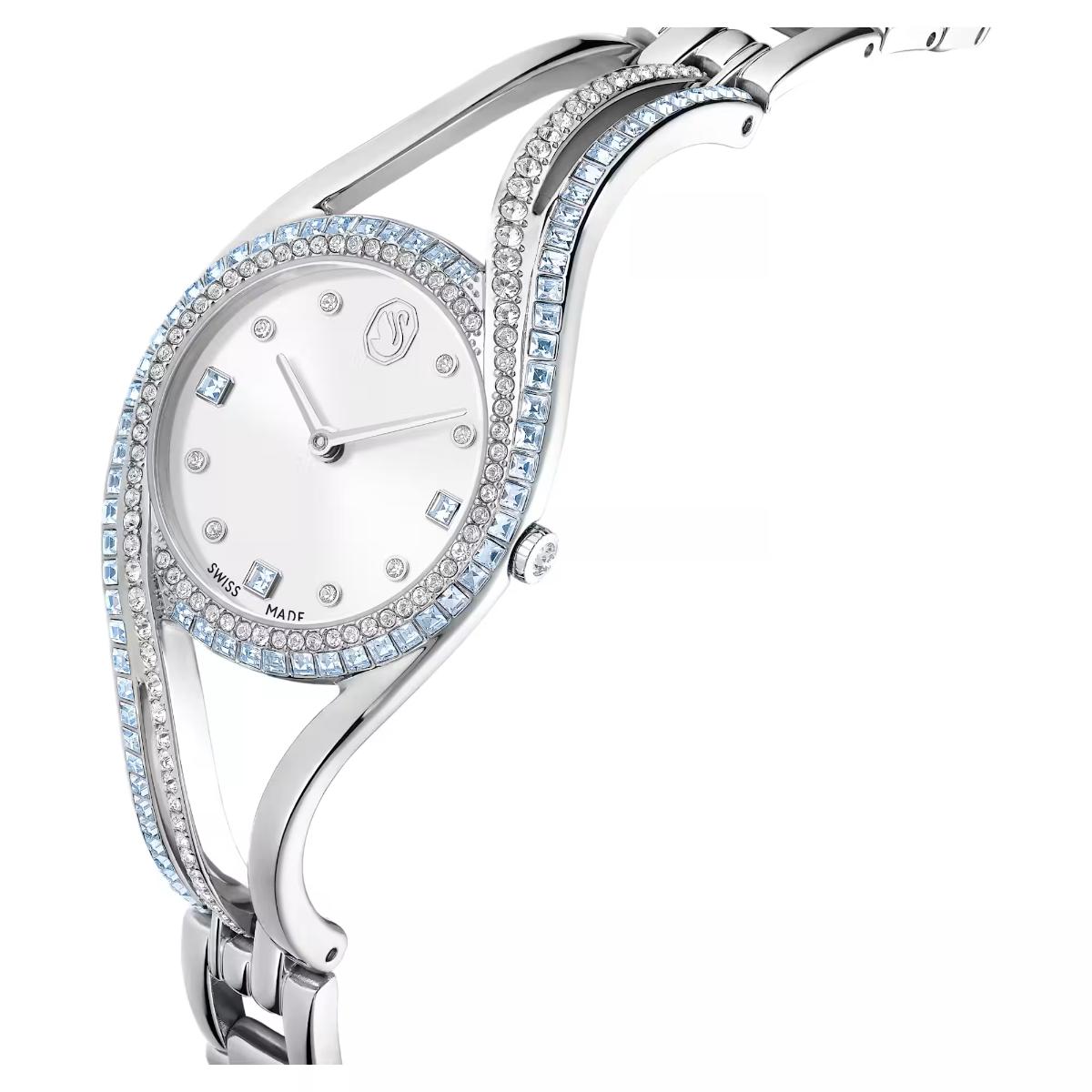 Silver watch with gemstone accents on a white background