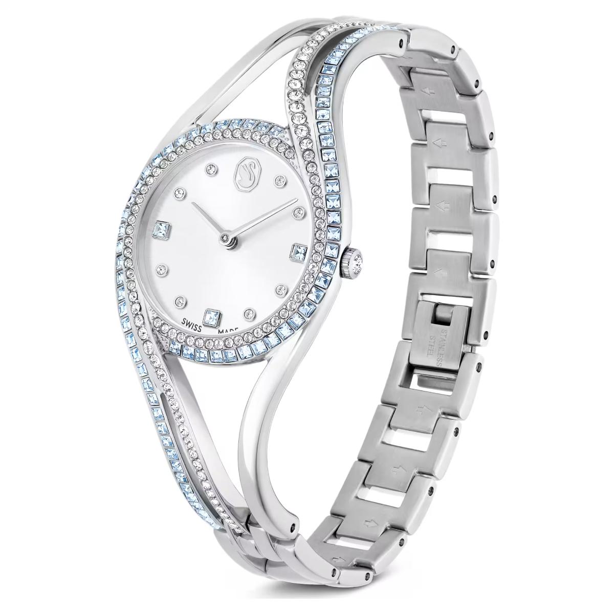 Silver watch with gemstone accents on a white background