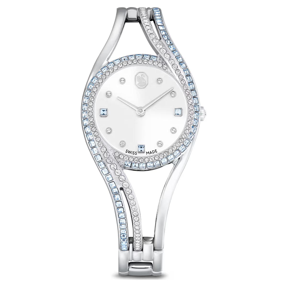 Silver watch with gemstone accents on a white background