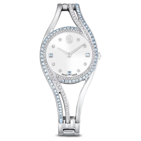 Silver watch with gemstone accents on a white background