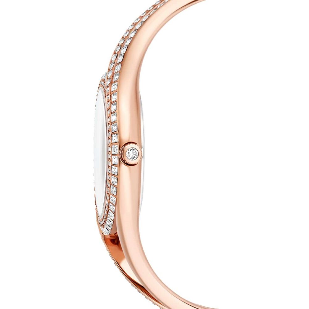 Rose gold watch with diamond accents on a white background