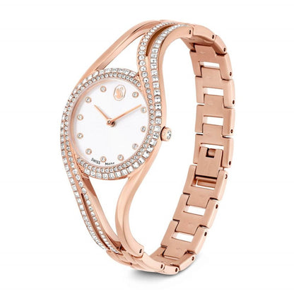 Rose gold watch with diamond-studded band on a white background