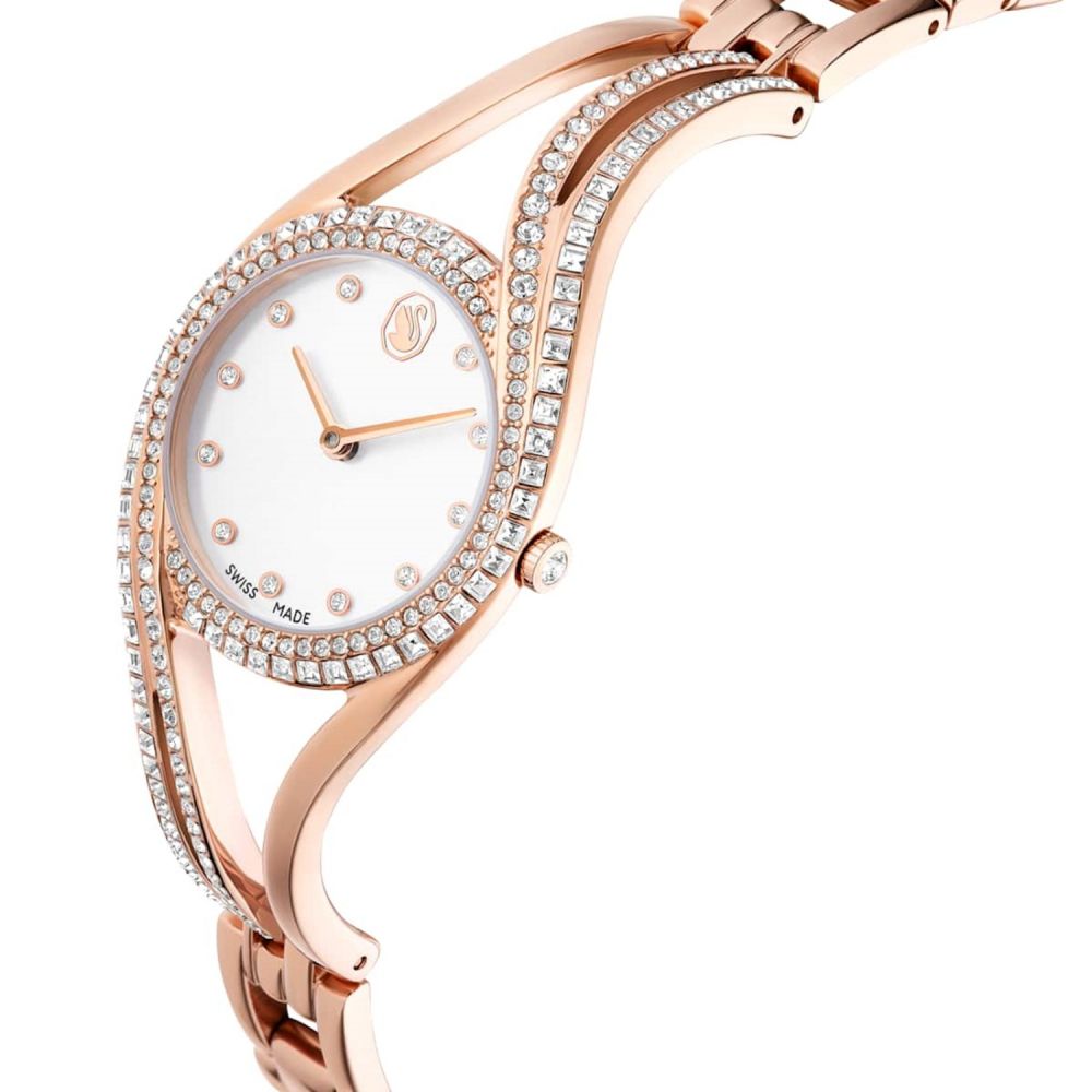 Rose gold watch with diamond-studded bracelet on a white background