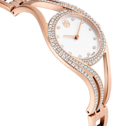Rose gold watch with diamond accents on a white background