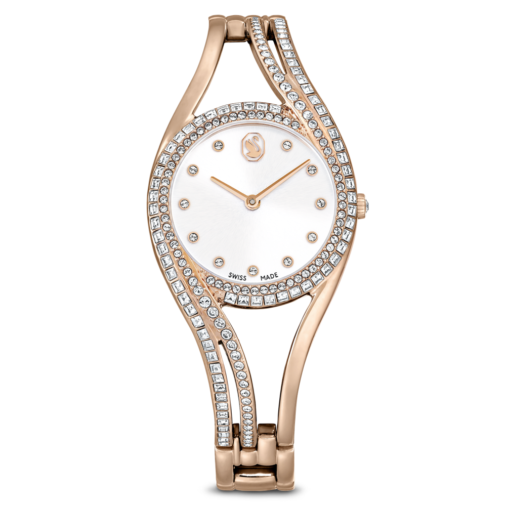 Rose gold watch with diamond-studded bracelet on a white background
