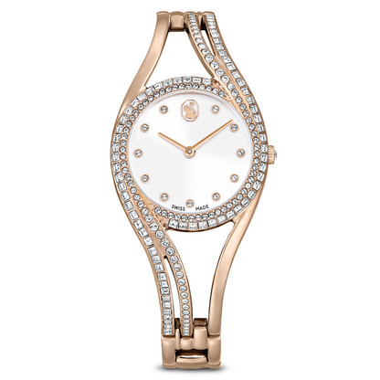 Rose gold watch with diamond-studded bracelet on a white background