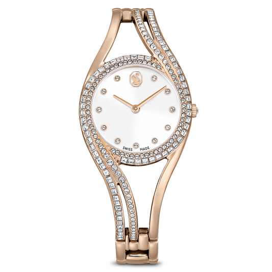 Rose gold watch with diamond-studded bracelet on a white background