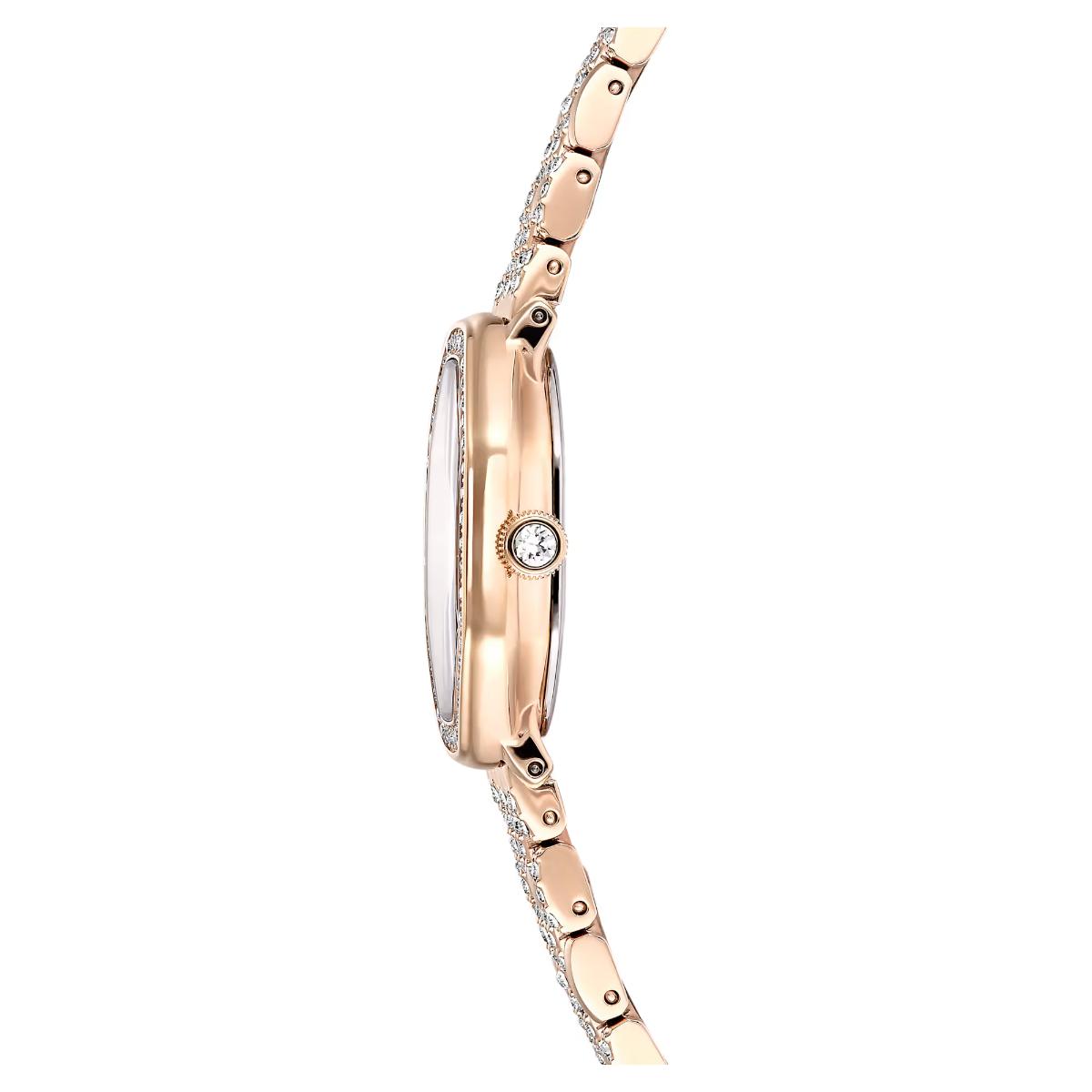 Rose gold watch with diamond accents on a white background