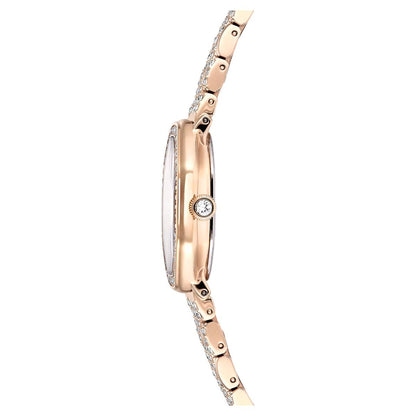 Rose gold watch with diamond accents on a white background