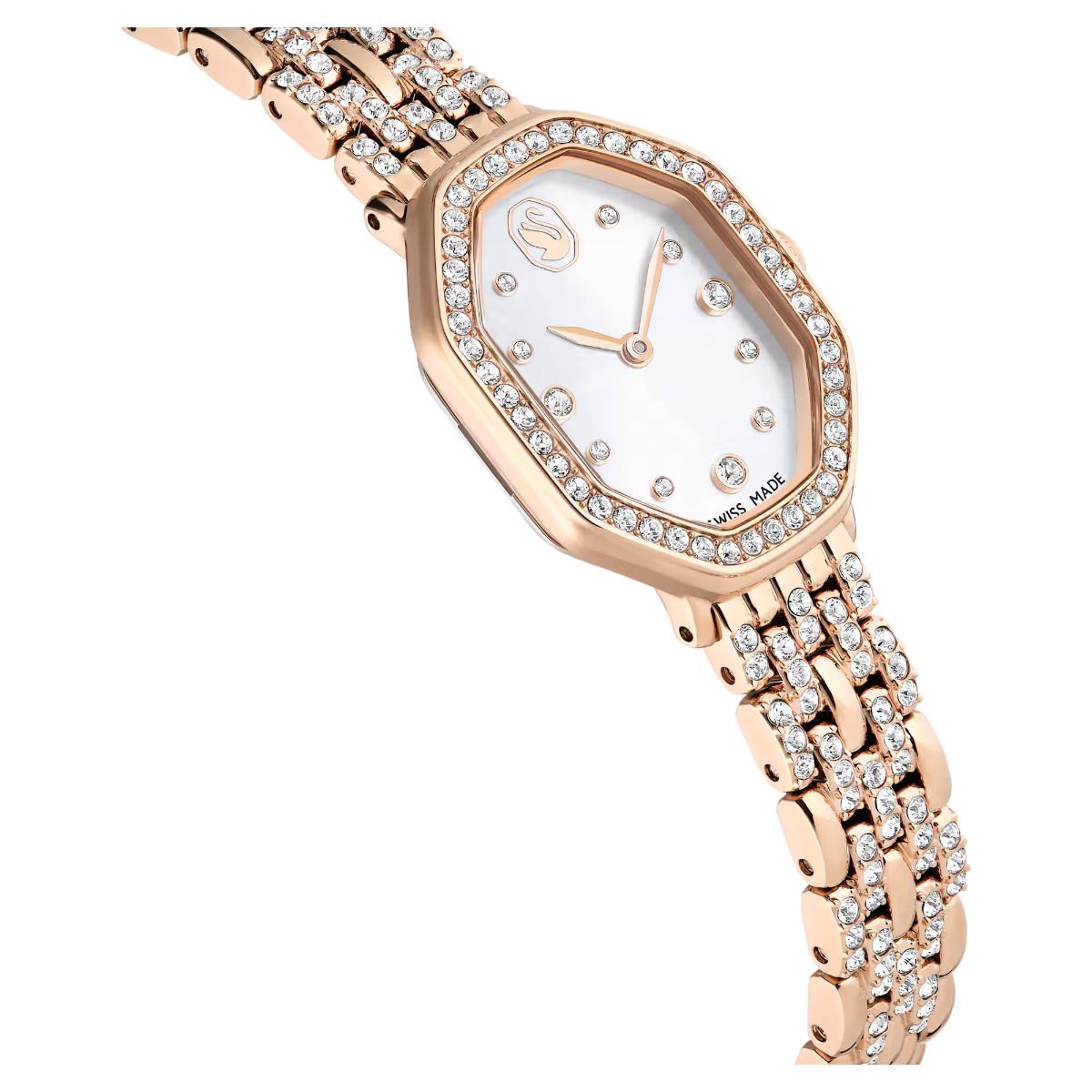 Rose gold watch with diamond accents on a white background