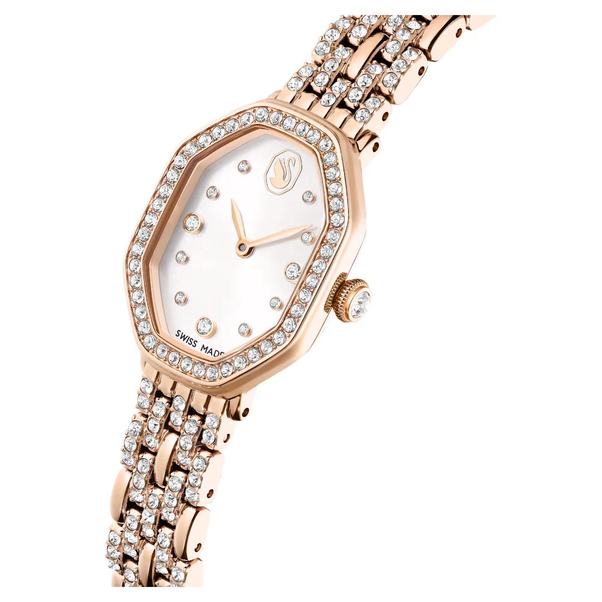 Rose gold watch with diamond-studded bezel on a white background