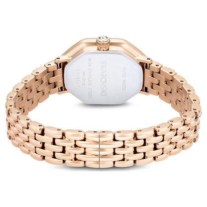 Rose gold watch with a white face on a white background