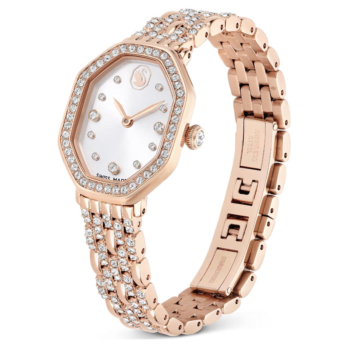 Rose gold watch with diamond-studded bracelet on a white background
