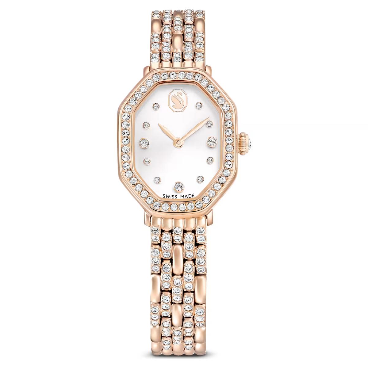 Rose gold watch with diamond-studded bracelet on a white background