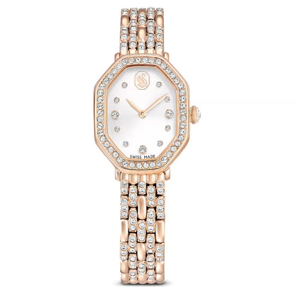 Rose gold watch with diamond-studded bracelet on a white background