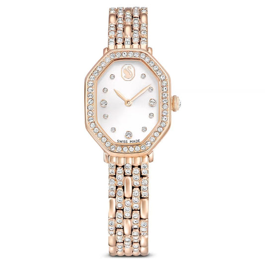 Rose gold watch with diamond-studded bracelet on a white background