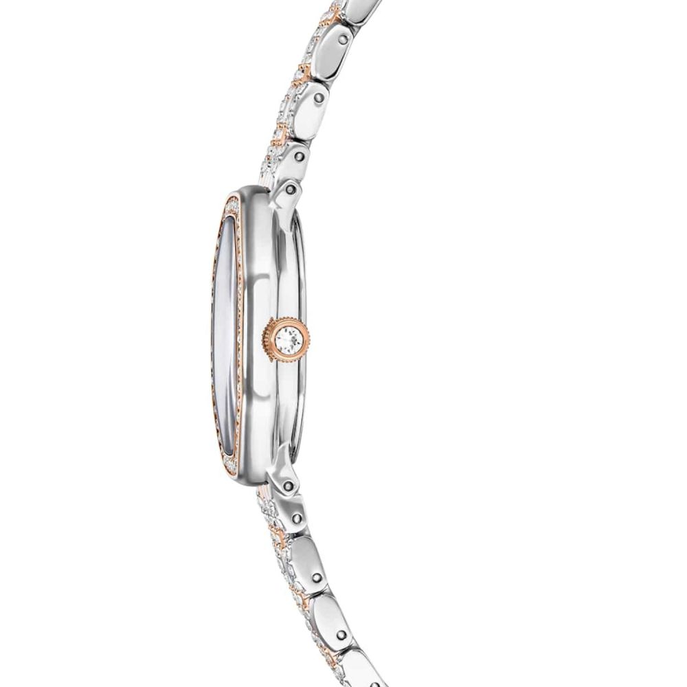 Silver and rose gold watch with diamond accents on a white background