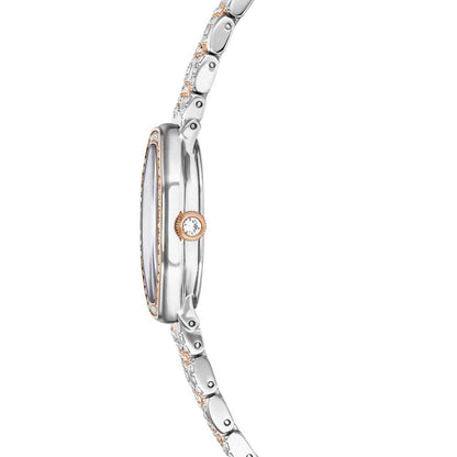 Silver and rose gold watch with diamond accents on a white background